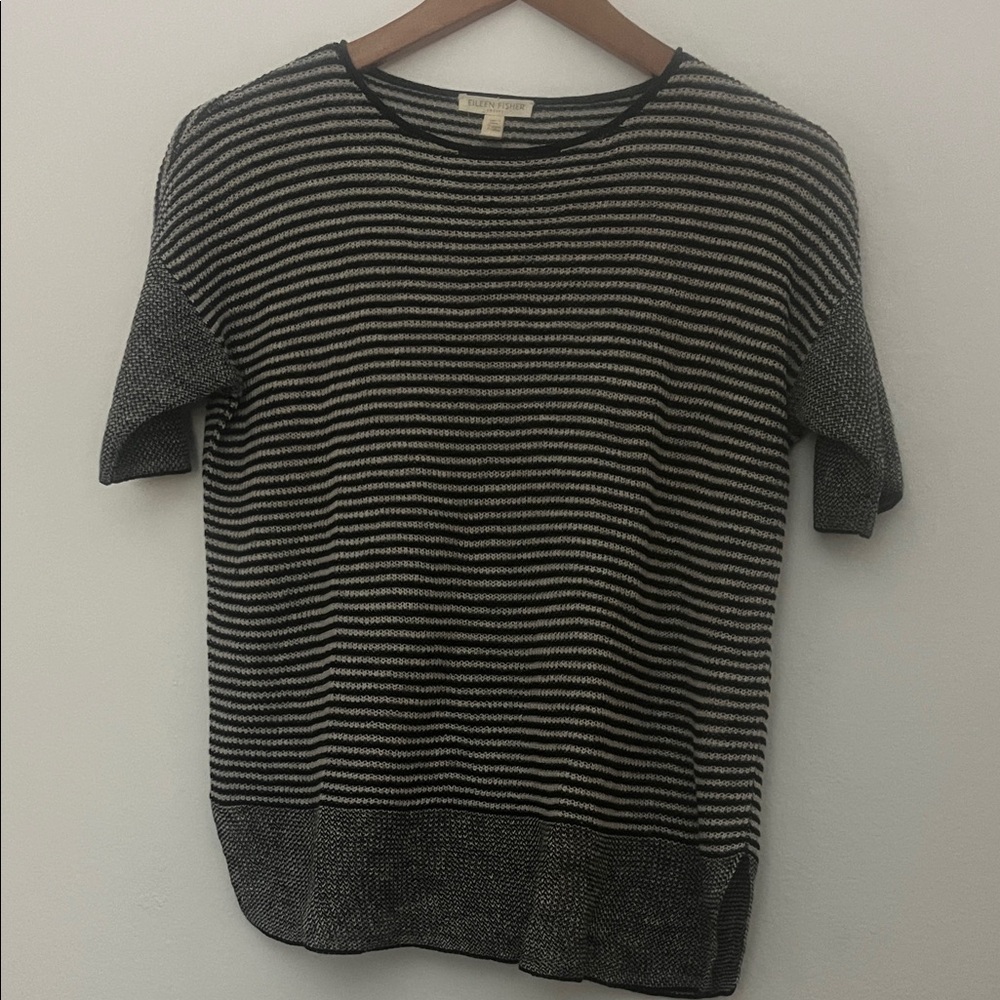 Eileen Fisher Black and Cream Striped Organic Linen Short Sleeve Top XS